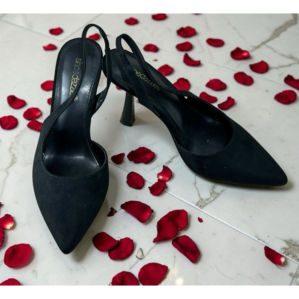 Shoe Dazzle Black Brit Sling-Back Flared Pump Heels Sz 8 Faux Suede 4" Heel - Picture 2 of 8
